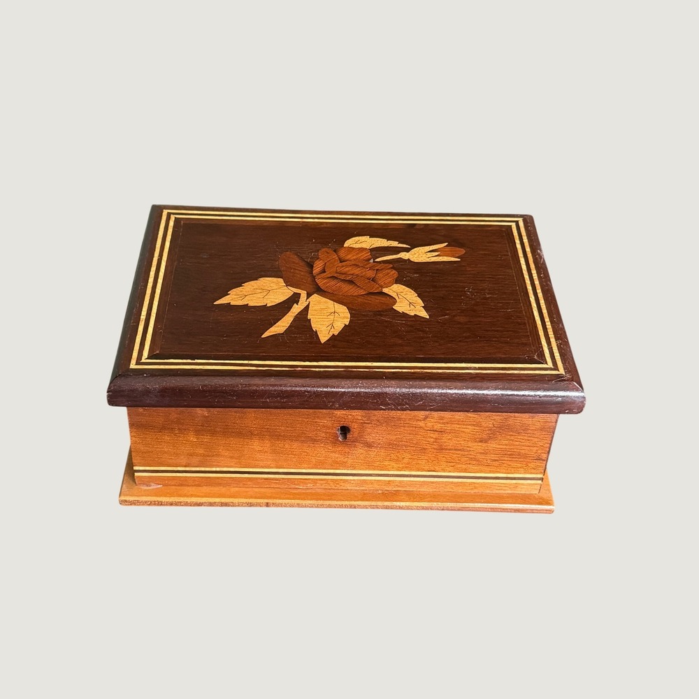 Vintage Brazilian Marquetry Wood Jewelry Box Rose Inlay Velvet Lined